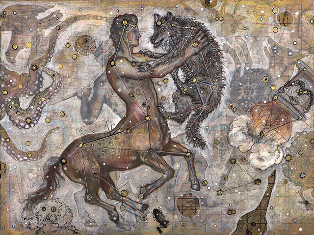 <em>Centaur and Wolf</em>, 2007, Mixed Media/Panel, 18 x 24&quot