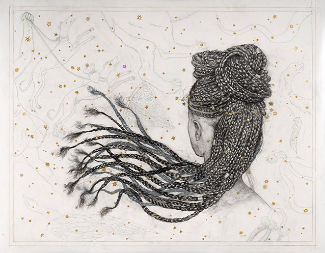 <em>Coma Berenices (Berenice’s Hair)</em>, 2018, <br>graphite, colored pencil, gold leaf, gold paint on drafting film, 36 x46&quot
